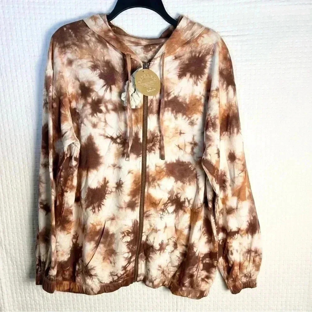 NEW Splendid Sundown Sz S Tie Dye Hoodie Zip Jacket With Scrunchie Pockets Brown